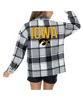 Gameday Couture Women's Grey Iowa Hawkeyes Long Sleeve Brushed Plaid Button-Up Overshirt Jacket