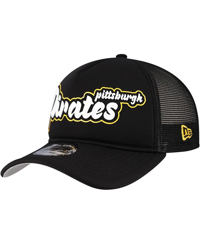 New Era Men's Black Pittsburgh Pirates Retro Bold A-Frame Trucker 9FORTY Adjustable Hat