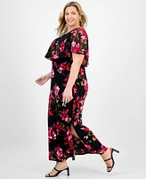 Connected Plus Floral Cape-Overlay Maxi Dress