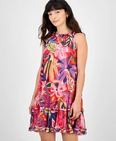 Robbie Bee Petite Printed Tie-Shoulder Mesh Dress