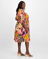Sandra Darren Plus Printed Drawstring-Waist Shirtdress