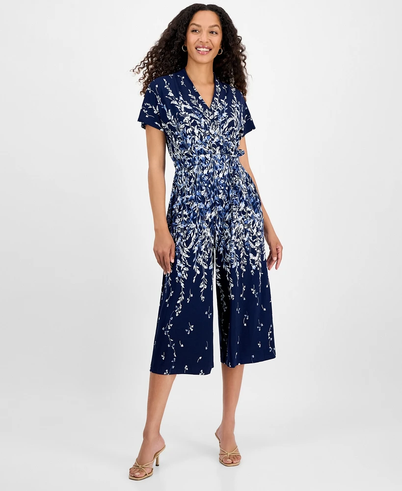 Sandra Darren Petite Printed Cropped Flutter-Sleeve Jumpsuit