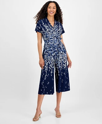 Sandra Darren Petite Printed Cropped Flutter-Sleeve Jumpsuit