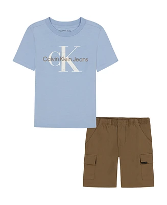 Calvin Klein Toddler and Little Boys 2-Piece Short Sleeve Logo T-Shirt Twill Cargo Shorts Set