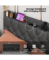 Full Size Floating Bed Frame with Led and Headboard and Charging Station-Full Size