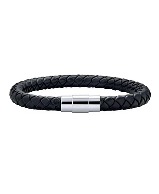 Bling Jewelry Black Stackable Woven Weave Braided Leather Bracelet Woven Bangle Bracelet Stainless Barrel Clasp