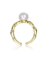 14K Gold Plated with Curved Design and Pearl Accent Open-Style Ring