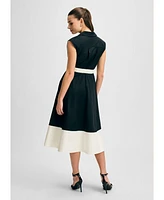 Isaac Mizrahi Women's Notched Collar Full Skirt Midi Cotton Dress