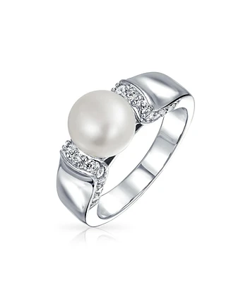 Bling Jewelry Art Deco Style Pave Cz Solitaire White Freshwater Cultured Pearl Promise Ring Silver Plated Brass