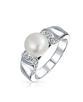 Bling Jewelry Art Deco Style Pave Cz Solitaire White Freshwater Cultured Pearl Promise Ring Silver Plated Brass