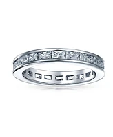 Bling Jewelry Simple Cubic Zirconia Channel Princess Cut Cz Stackable Band Eternity Ring .925 Sterling Silver 2MM