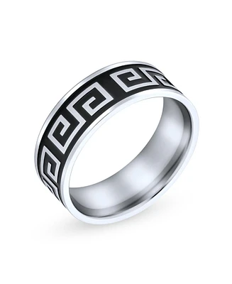 Bling Jewelry Geometric Ancient Fret Greek Key Pattern Flat Eternity Band Ring Black Silver Two Tone Stainless Steel 8MM