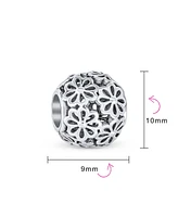 Bling Jewelry Floral Filigree Round Bouquet Flower Barrel Charm Bead Oxidized .925 Sterling Silver