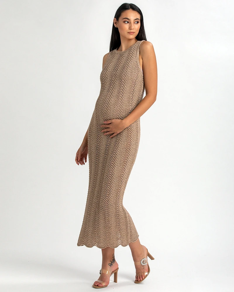 Pietro Brunelli Maternity Sleeveless Crochet Knit Fitted Maxi Hibiscus Dress
