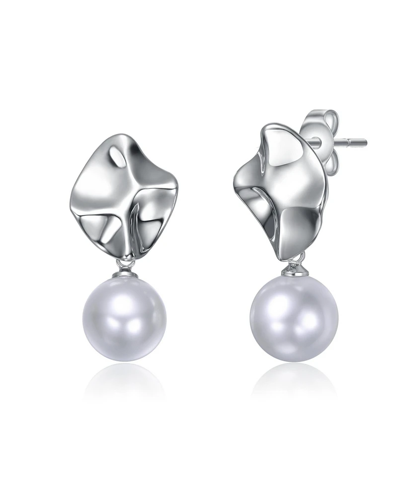 White Gold Plated with Round Pearl Modern Abstract Drop Earrings