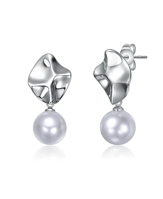 White Gold Plated with Round Pearl Modern Abstract Drop Earrings