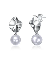 White Gold Plated with Round Pearl Modern Abstract Drop Earrings