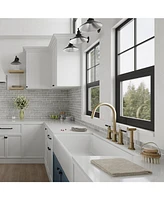 Double Handle 4-Holes Deck Mount Bridge Kitchen Faucet with Side Sprayer Sink Faucet 360 Swivel Spout in Brushed Gold