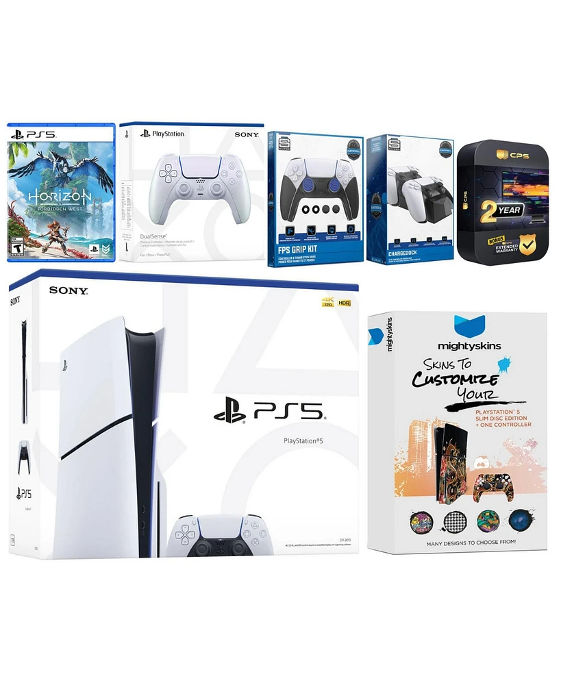 Sony Playstation 5 Slim Disc with Horizon Forbidden West, Extra Volcanic Red Controller, Fps Grip Kit, Charge Dock and MightySkins Decal Voucher + 2 Y