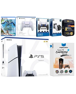 Sony Playstation 5 Slim Disc with Horizon Forbidden West, Extra Volcanic Red Controller, Fps Grip Kit, Charge Dock and MightySkins Decal Voucher + 2 Y