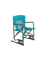 Blue portable folding rocking camping chair with cupholder