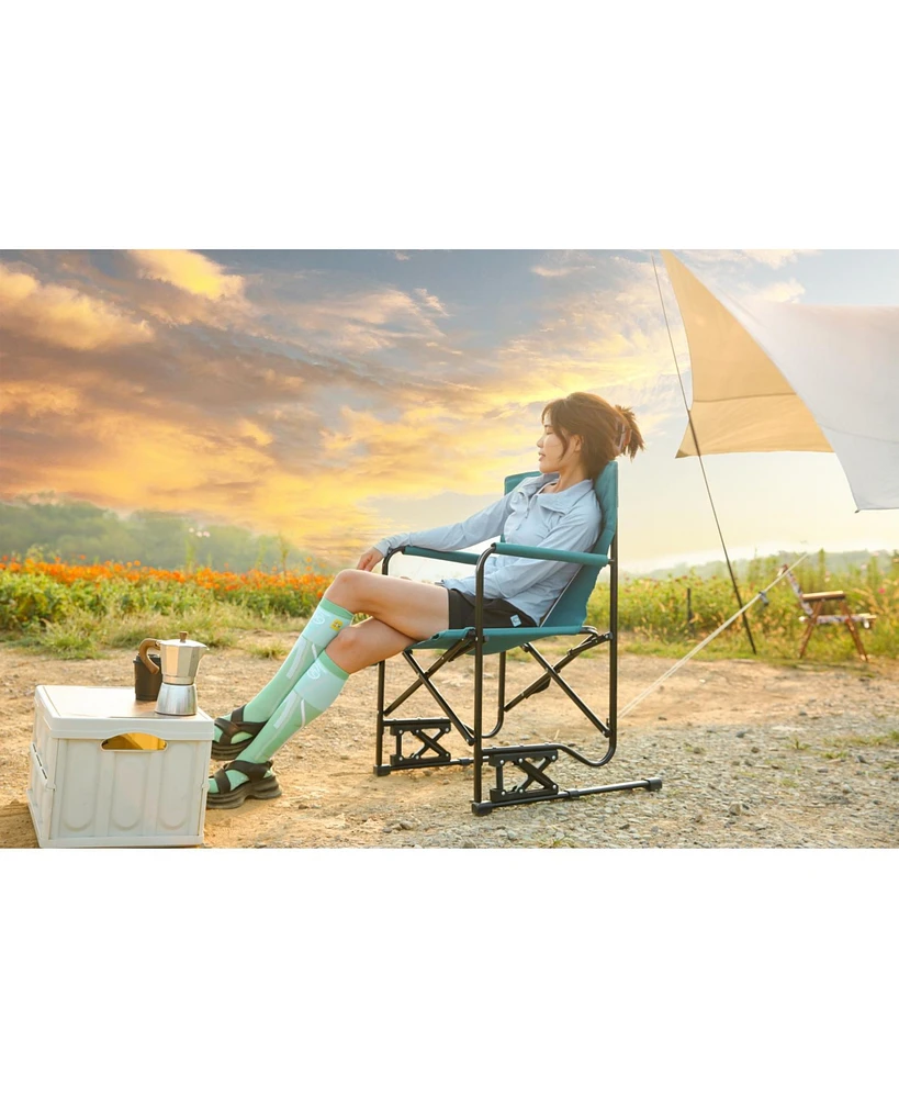 Blue portable folding rocking camping chair with cupholder