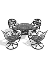 5-Piece Cast Aluminum Dining Set, 4 Swivel Chairs, 35" Round Table