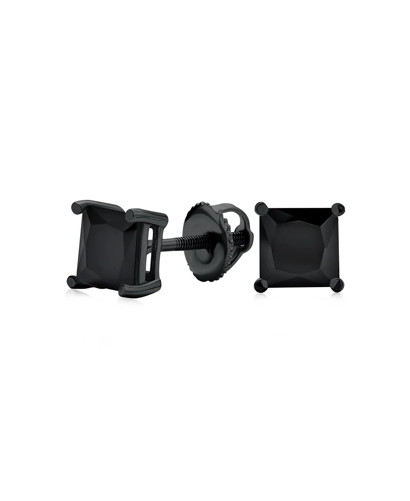 Bling Jewelry Black Square Solitaire Cz Stud Earrings Secure Screw back Black Plated .925 Sterling Silver
