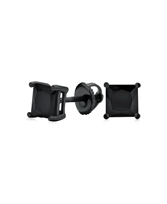 Bling Jewelry Black Square Solitaire Cz Stud Earrings Secure Screw back Black Plated .925 Sterling Silver