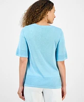 Jm Collection Petite Textured-Knit V-Neck Short-Sleeve Sweater, Exclusively at Macy's