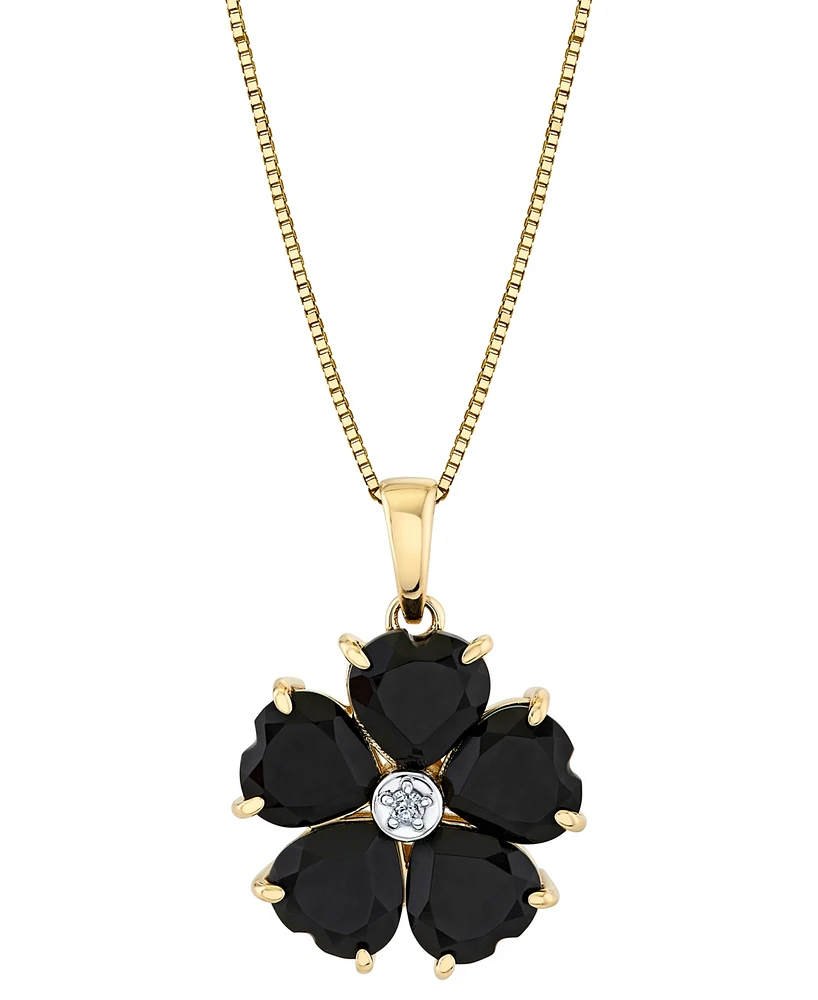 Heart Onyx (6mm) & Diamond Accent Flower 18" Pendant Necklace in 10k Yellow Gold