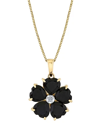 Heart Onyx (6mm) & Diamond Accent Flower 18" Pendant Necklace in 10k Yellow Gold