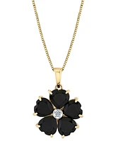 Heart Onyx (6mm) & Diamond Accent Flower 18" Pendant Necklace in 10k Yellow Gold