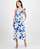 Anne Klein Petite Smocked Bodice Printed Midi Dress