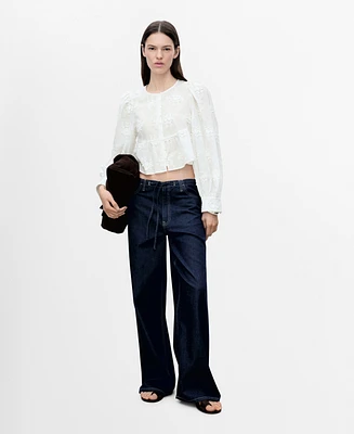 Mango Women's Flower-Embroidered Cotton Blouse