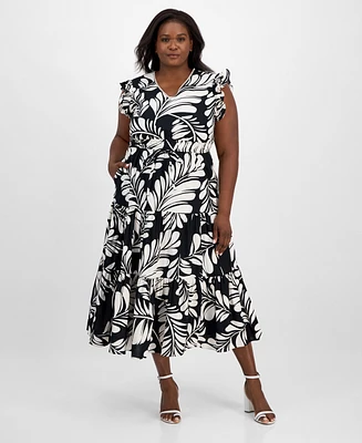 Anne Klein Plus Printed V-Neck Ruffled Midi Dress