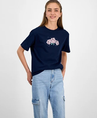 Rebellious One Juniors' Good Vibes Rose Graphic T-Shirt