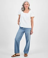 Style & Co Petite Camp Stripe Square-Neck Cotton Top, Exclusively at Macy's