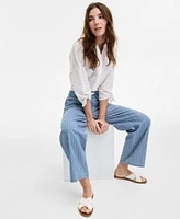 Jones New York Womens Embroidered Top Striped Pants