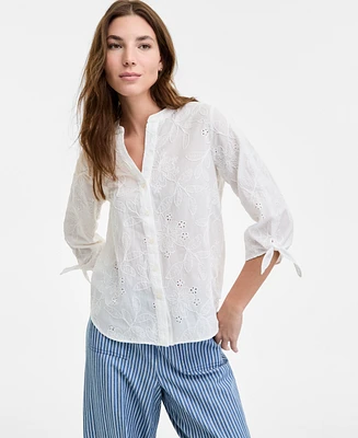 Jones New York Women's Y-Neck Button-Front Embroidered Cotton Top