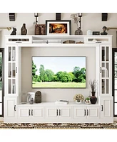 White 12-door Tv stand, media console with tempered glass, entertainment center with hydraulic poles