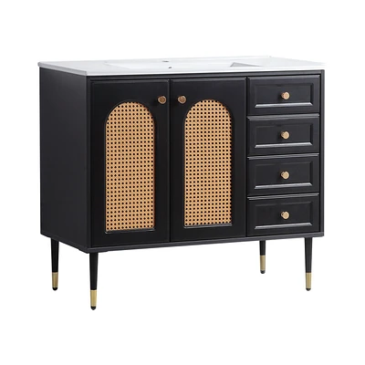 Casainc 36" Bathroom Vanity with Ceramic Sink, Rattan Storage Cabinet Two Doors and Drawer
