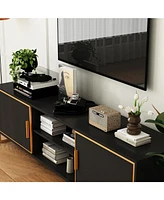 Black Tv stand with two doors, media console with metal handles and feet, multi-purpose wooden entertainment center