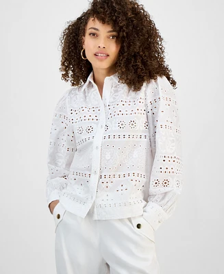 I.n.c. International Concepts Petite Cotton Eyelet Button-Front Top, Exclusively at Macy's