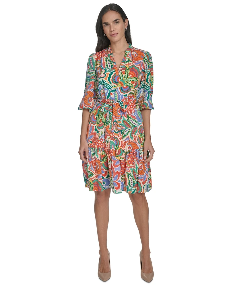 Jessica Howard Women's Printed Tie-Waist Balloon-Sleeve Dress
