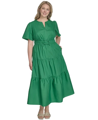Jessica Howard Plus Cotton Tiered Split-Neck Maxi Dress