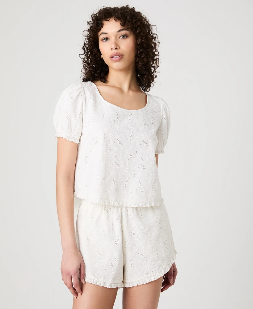 French Connection Women's Eyelet Puff-Sleeve Top
