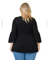 24seven Comfort Apparel Plus Long Bell Sleeve Flared Tunic Top