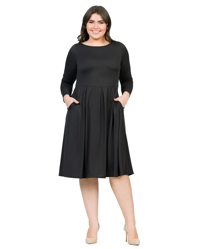 24seven Comfort Apparel Plus Long Sleeve Fit and Flare Midi Dress