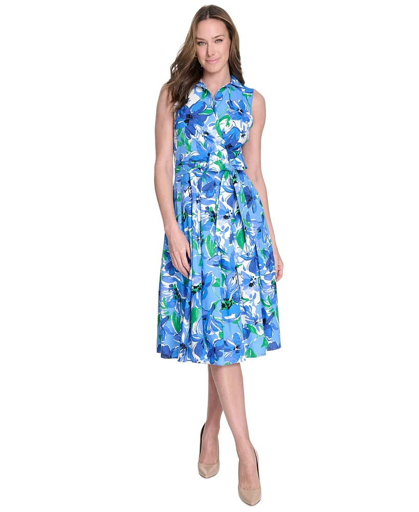 Jessica Howard Women's Cotton Printed Tie-Waist Shirtdress